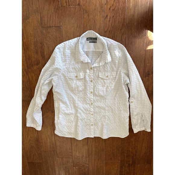 Eddie Bauer Tops - Eddie Bauer Travex Womens XL White Grey Grid Button Down Roll Tab Hiking Shirt